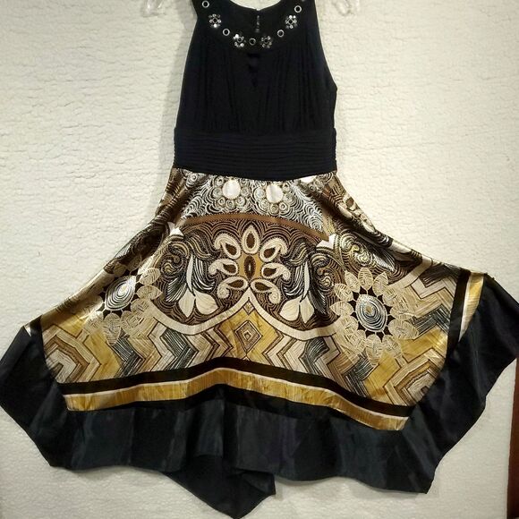 Collection Dressbarn Size 14 Sleeveless Handkerchief Hem Dress Black Gold - Picture 2 of 16